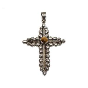 Sterling Silver Cross Pendant with Tiger's Eye